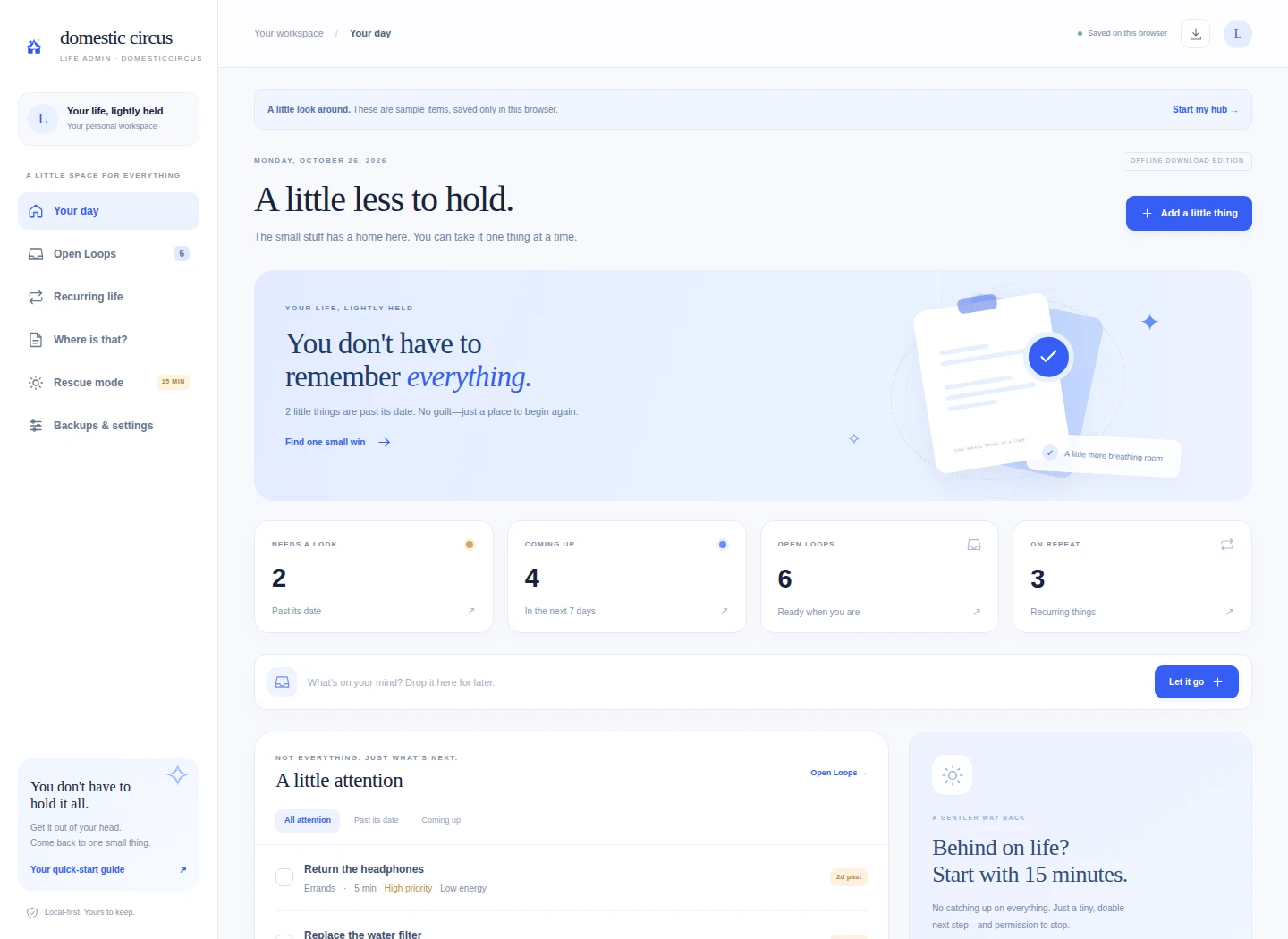 The real Domestic Circus dashboard in cobalt and icy blue, showing open loops, upcoming dates, recurring items and a gentle rescue mode.